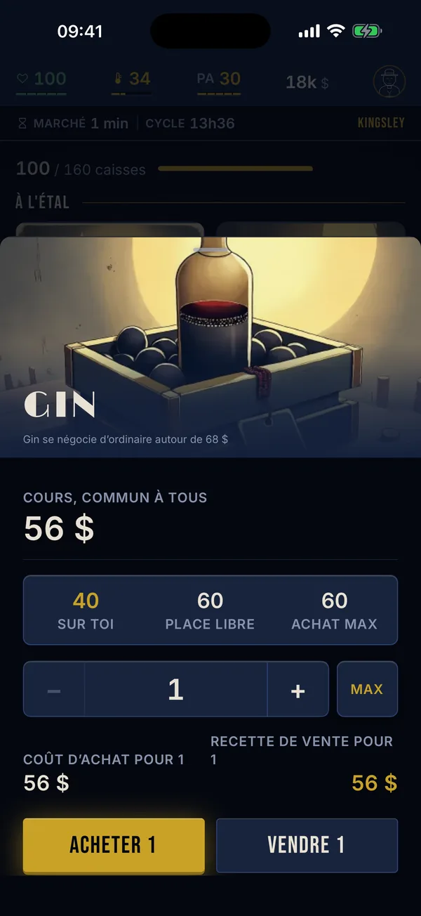 Fiche du gin à Kingsley : un cours de 56 $, commun à tous les joueurs, et la quantité qu'il reste à acheter.